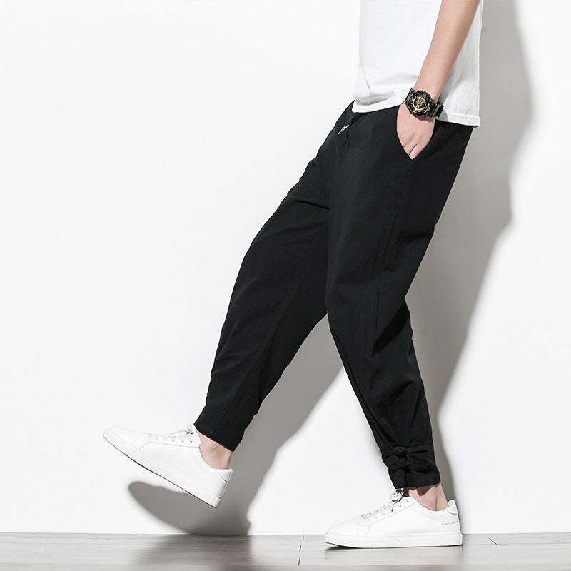 Driftwear Chinese Style Cotton Linen Men’s Track Pants – Casual Loose-Fit Mid-Waist Pants